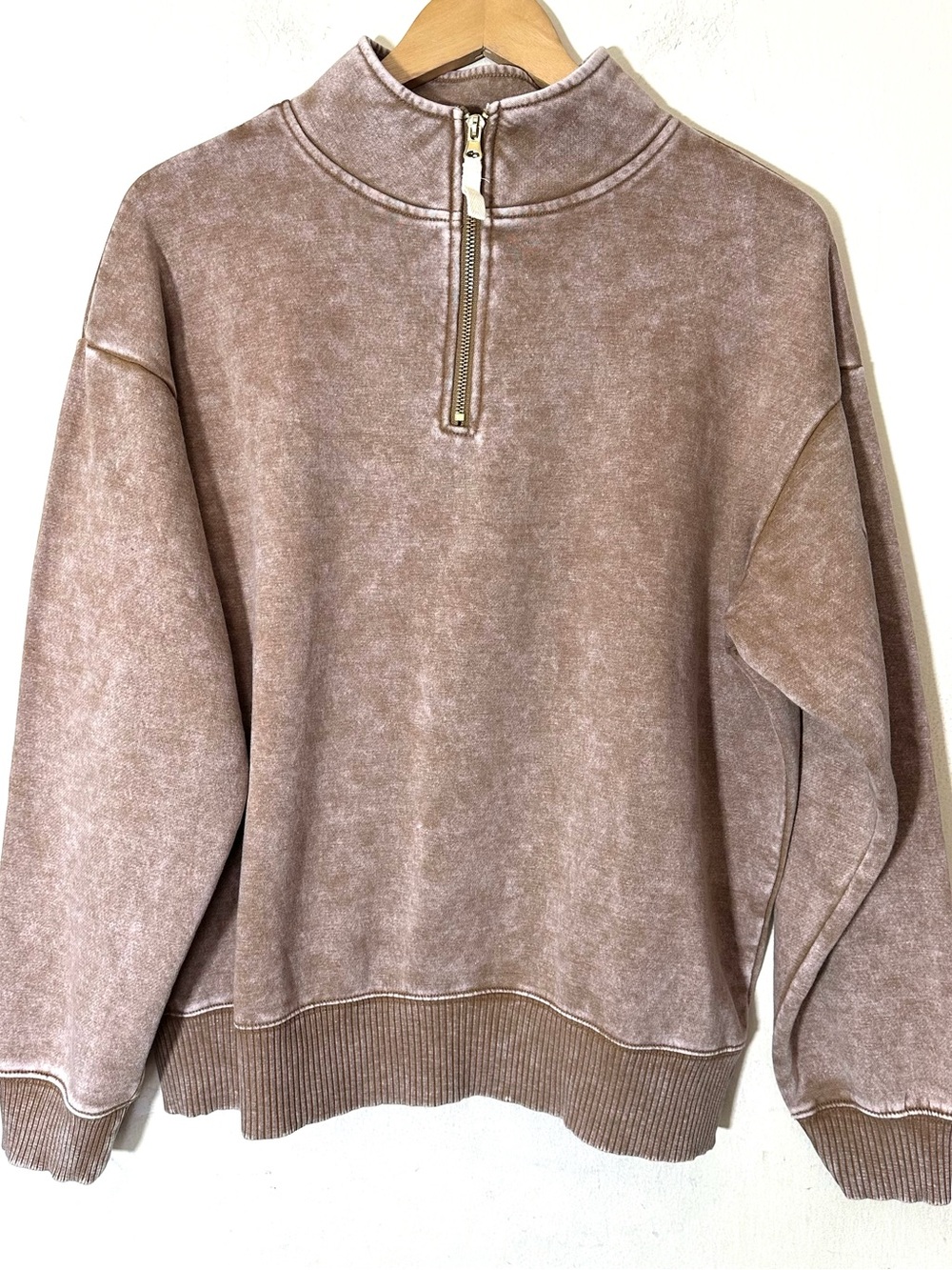 Zenana Vintage-Inspired Acid Wash Fleece Half Zip Sweatshirt Deep Camel - Picture 2 of 7